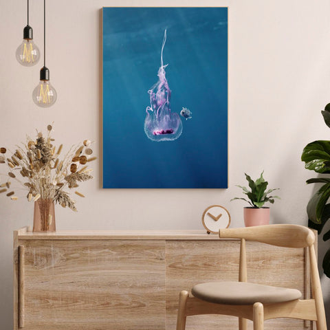 Jellyfish and fish print wall art in living room