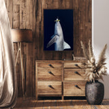 Living room view with an underwater photograph of a shark reaching for a leaf hanging on the wall 